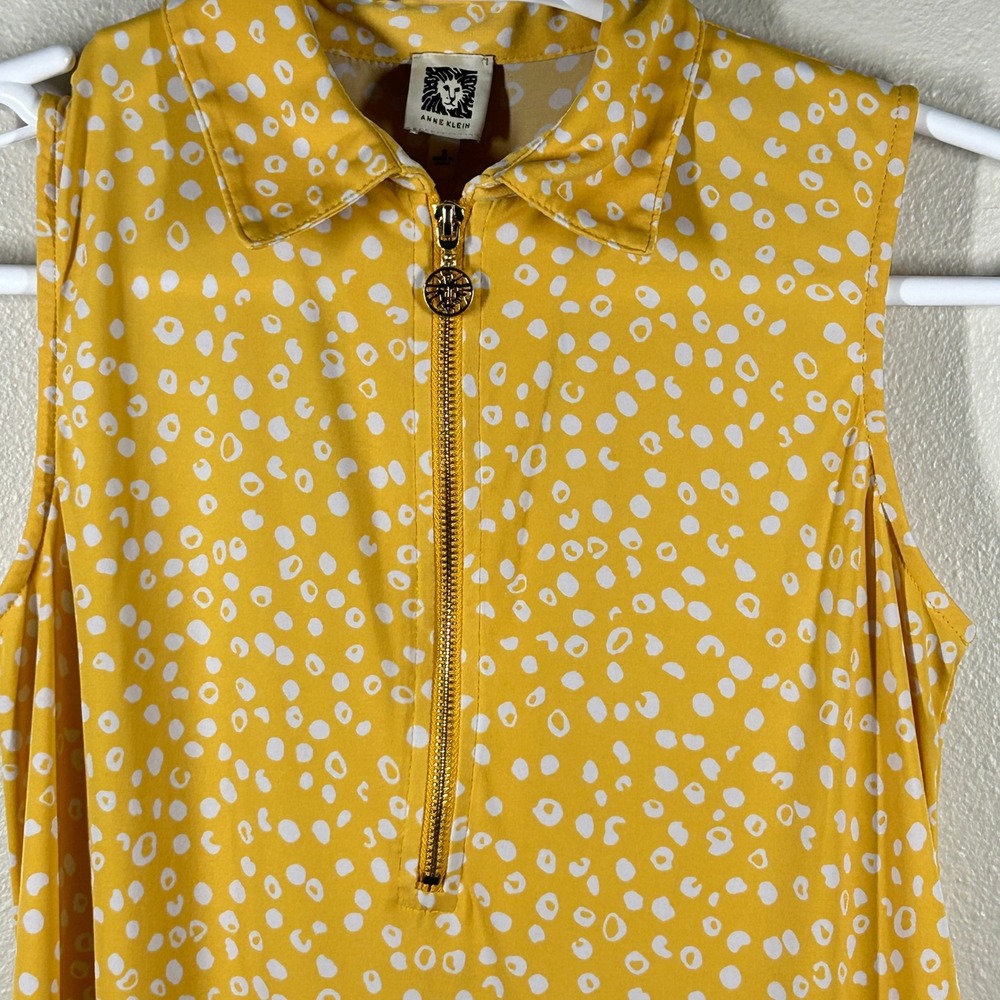Anne Klein Women Yellow White Abstract Dot Sleeveless Half Zip Blouse Small